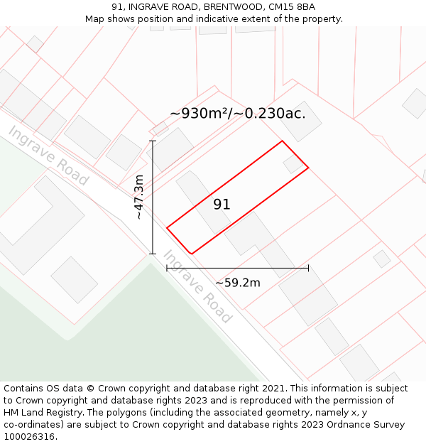 91, INGRAVE ROAD, BRENTWOOD, CM15 8BA: Plot and title map