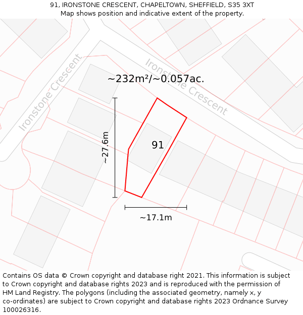 91, IRONSTONE CRESCENT, CHAPELTOWN, SHEFFIELD, S35 3XT: Plot and title map
