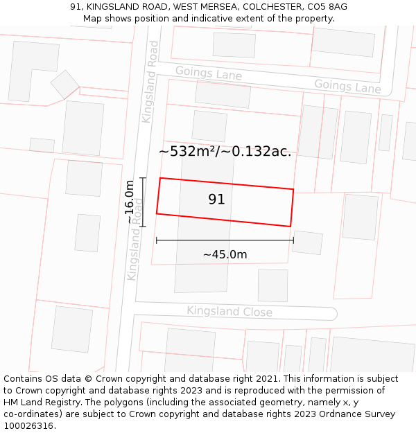 91, KINGSLAND ROAD, WEST MERSEA, COLCHESTER, CO5 8AG: Plot and title map