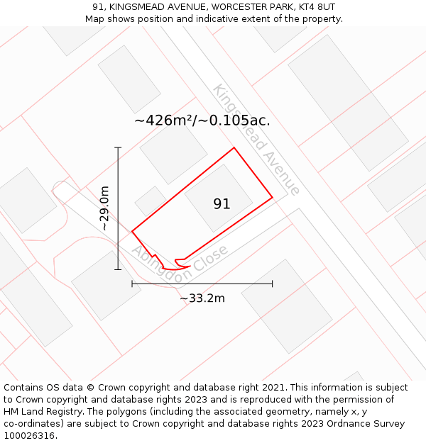 91, KINGSMEAD AVENUE, WORCESTER PARK, KT4 8UT: Plot and title map
