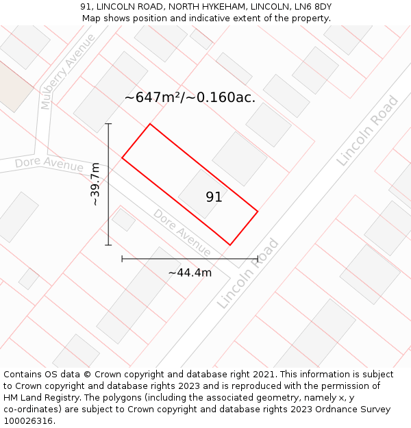 91, LINCOLN ROAD, NORTH HYKEHAM, LINCOLN, LN6 8DY: Plot and title map