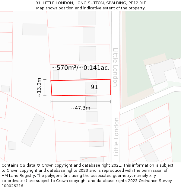 91, LITTLE LONDON, LONG SUTTON, SPALDING, PE12 9LF: Plot and title map