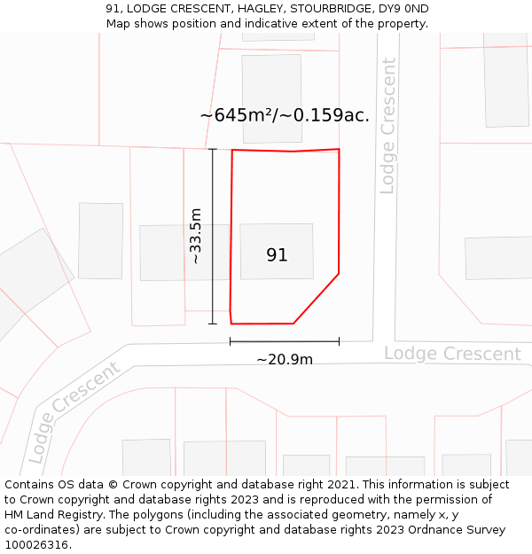91, LODGE CRESCENT, HAGLEY, STOURBRIDGE, DY9 0ND: Plot and title map