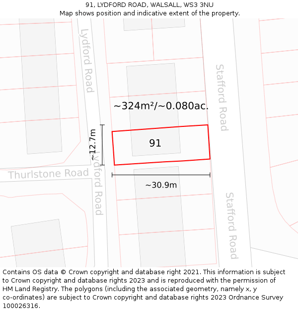 91, LYDFORD ROAD, WALSALL, WS3 3NU: Plot and title map