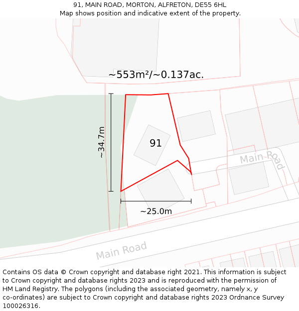 91, MAIN ROAD, MORTON, ALFRETON, DE55 6HL: Plot and title map