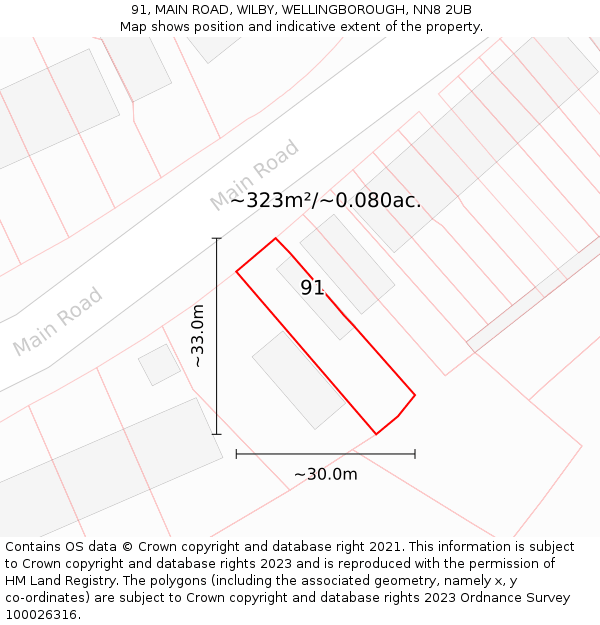 91, MAIN ROAD, WILBY, WELLINGBOROUGH, NN8 2UB: Plot and title map