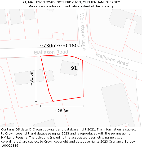 91, MALLESON ROAD, GOTHERINGTON, CHELTENHAM, GL52 9EY: Plot and title map