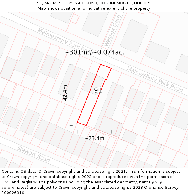 91, MALMESBURY PARK ROAD, BOURNEMOUTH, BH8 8PS: Plot and title map