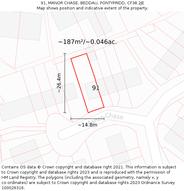 91, MANOR CHASE, BEDDAU, PONTYPRIDD, CF38 2JE: Plot and title map
