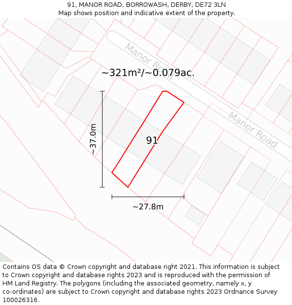 91, MANOR ROAD, BORROWASH, DERBY, DE72 3LN: Plot and title map
