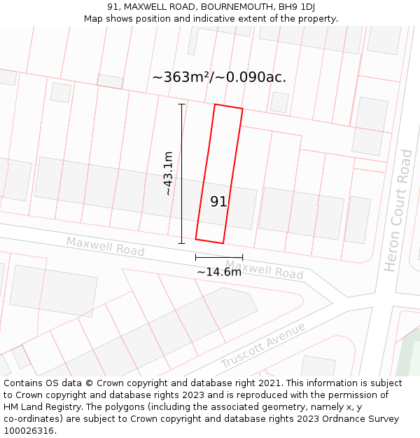 91, MAXWELL ROAD, BOURNEMOUTH, BH9 1DJ: Plot and title map