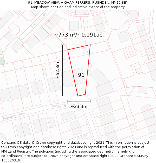 91, MEADOW VIEW, HIGHAM FERRERS, RUSHDEN, NN10 8EN: Plot and title map