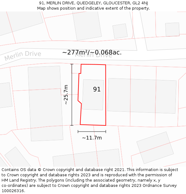 91, MERLIN DRIVE, QUEDGELEY, GLOUCESTER, GL2 4NJ: Plot and title map