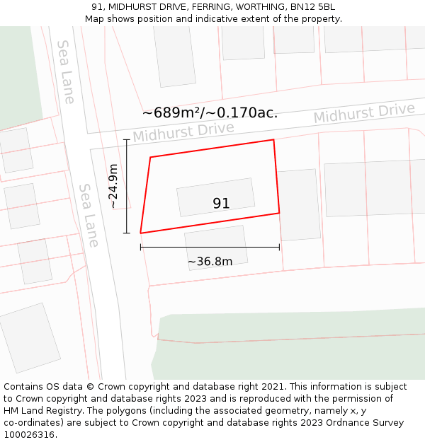91, MIDHURST DRIVE, FERRING, WORTHING, BN12 5BL: Plot and title map
