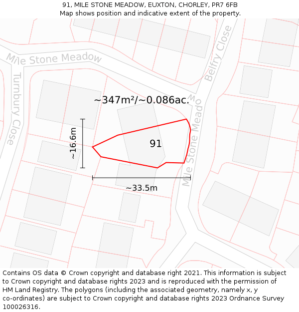91, MILE STONE MEADOW, EUXTON, CHORLEY, PR7 6FB: Plot and title map