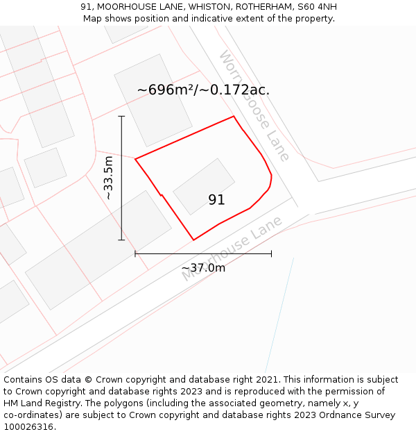 91, MOORHOUSE LANE, WHISTON, ROTHERHAM, S60 4NH: Plot and title map