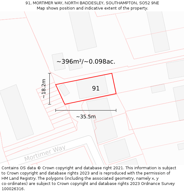 91, MORTIMER WAY, NORTH BADDESLEY, SOUTHAMPTON, SO52 9NE: Plot and title map