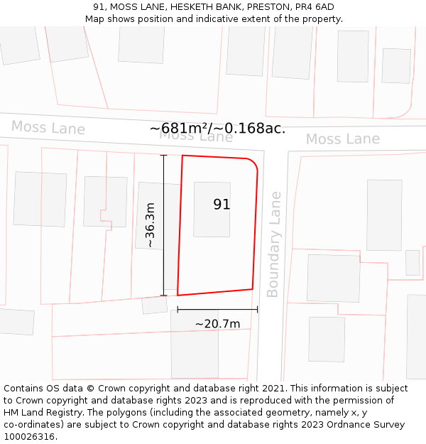 91, MOSS LANE, HESKETH BANK, PRESTON, PR4 6AD: Plot and title map