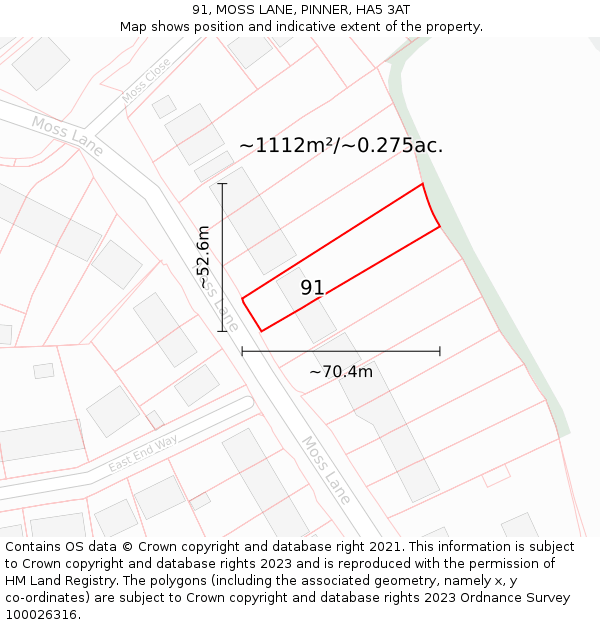 91, MOSS LANE, PINNER, HA5 3AT: Plot and title map