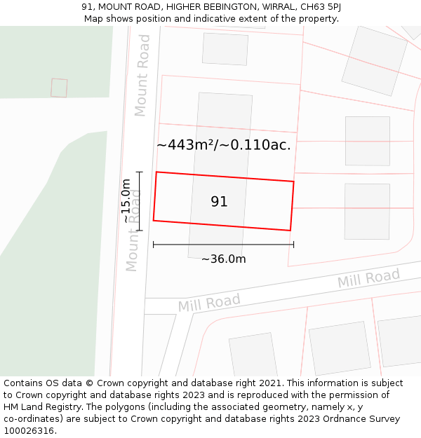 91, MOUNT ROAD, HIGHER BEBINGTON, WIRRAL, CH63 5PJ: Plot and title map