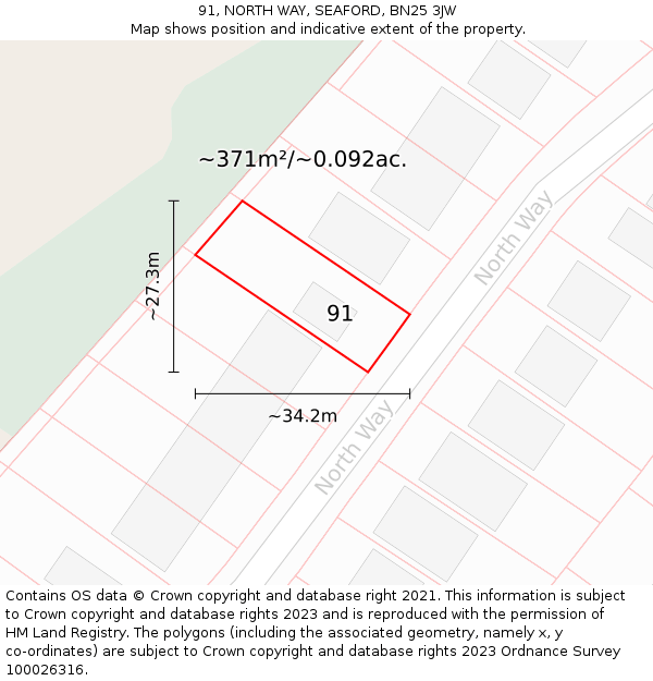 91, NORTH WAY, SEAFORD, BN25 3JW: Plot and title map