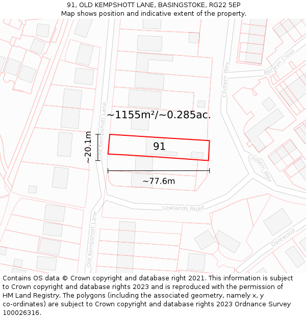 91, OLD KEMPSHOTT LANE, BASINGSTOKE, RG22 5EP: Plot and title map