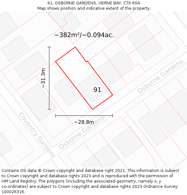 91, OSBORNE GARDENS, HERNE BAY, CT6 6SA: Plot and title map