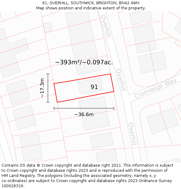 91, OVERHILL, SOUTHWICK, BRIGHTON, BN42 4WH: Plot and title map