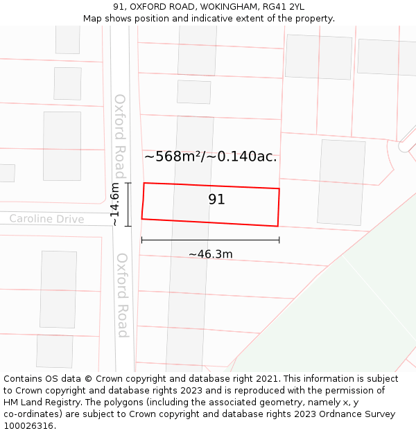 91, OXFORD ROAD, WOKINGHAM, RG41 2YL: Plot and title map