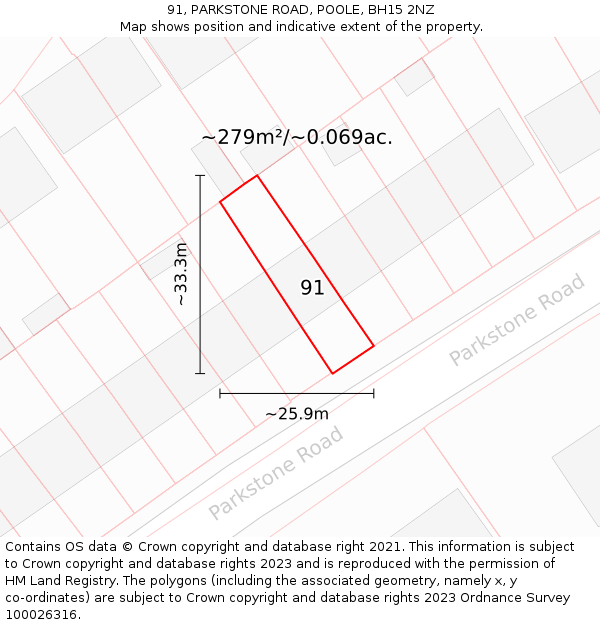 91, PARKSTONE ROAD, POOLE, BH15 2NZ: Plot and title map