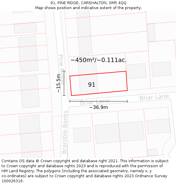 91, PINE RIDGE, CARSHALTON, SM5 4QQ: Plot and title map