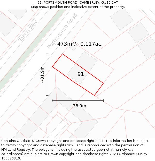 91, PORTSMOUTH ROAD, CAMBERLEY, GU15 1HT: Plot and title map