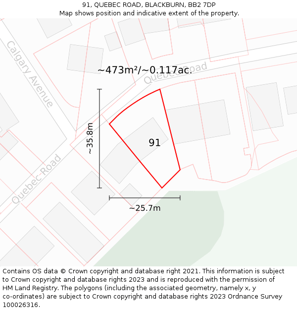 91, QUEBEC ROAD, BLACKBURN, BB2 7DP: Plot and title map