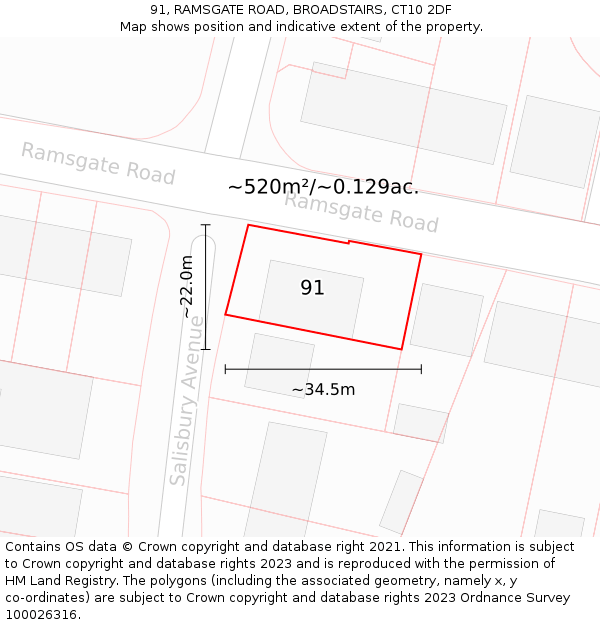 91, RAMSGATE ROAD, BROADSTAIRS, CT10 2DF: Plot and title map
