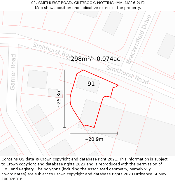 91, SMITHURST ROAD, GILTBROOK, NOTTINGHAM, NG16 2UD: Plot and title map