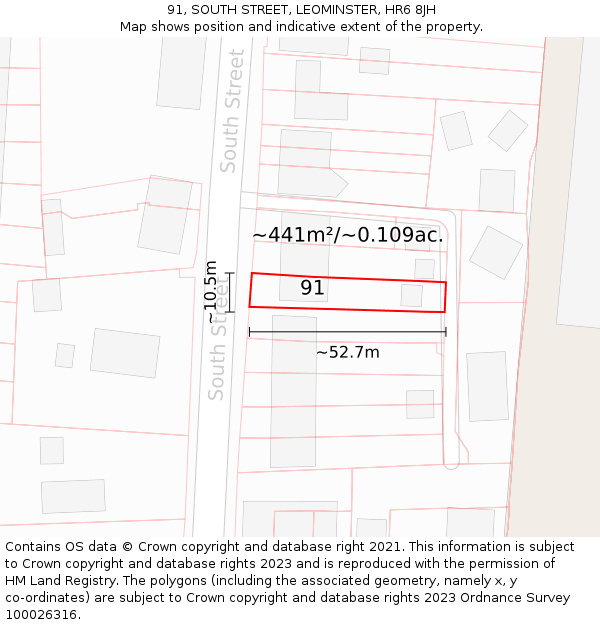 91, SOUTH STREET, LEOMINSTER, HR6 8JH: Plot and title map