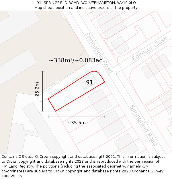91, SPRINGFIELD ROAD, WOLVERHAMPTON, WV10 0LQ: Plot and title map