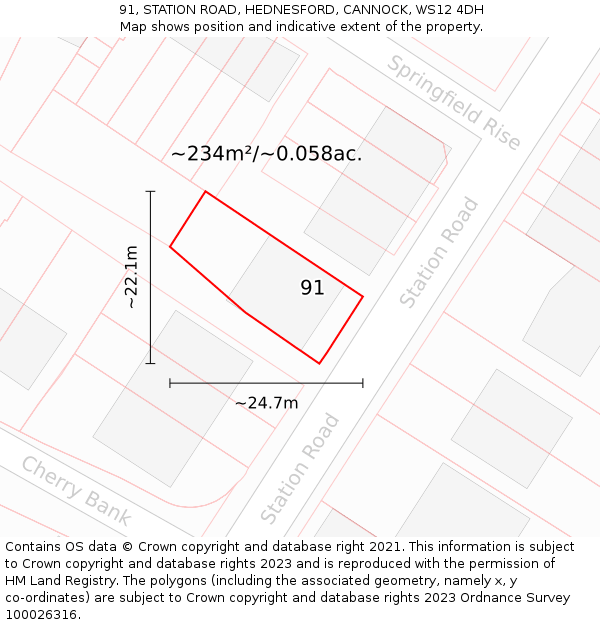 91, STATION ROAD, HEDNESFORD, CANNOCK, WS12 4DH: Plot and title map
