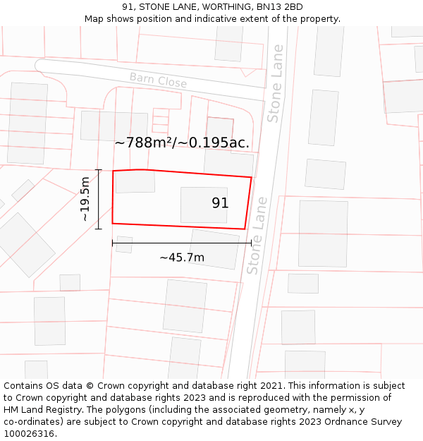 91, STONE LANE, WORTHING, BN13 2BD: Plot and title map