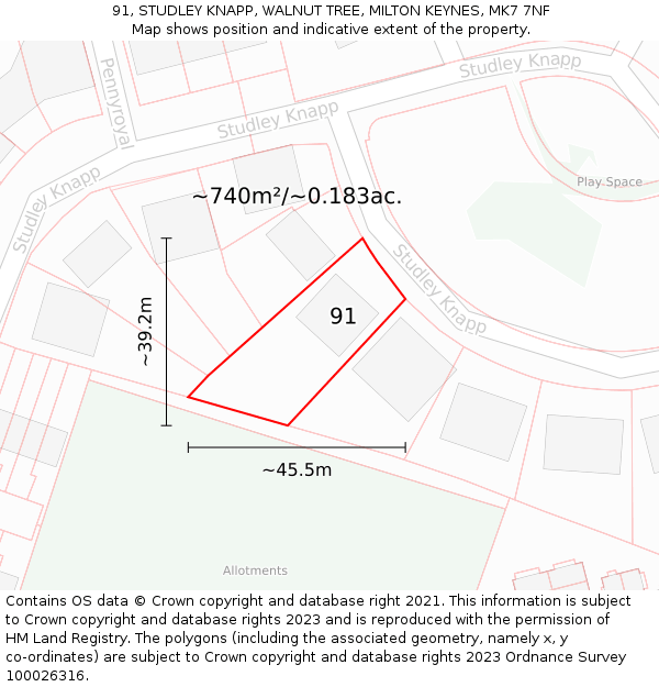 91, STUDLEY KNAPP, WALNUT TREE, MILTON KEYNES, MK7 7NF: Plot and title map