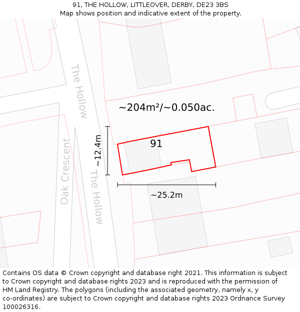 91, THE HOLLOW, LITTLEOVER, DERBY, DE23 3BS: Plot and title map