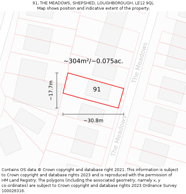 91, THE MEADOWS, SHEPSHED, LOUGHBOROUGH, LE12 9QL: Plot and title map