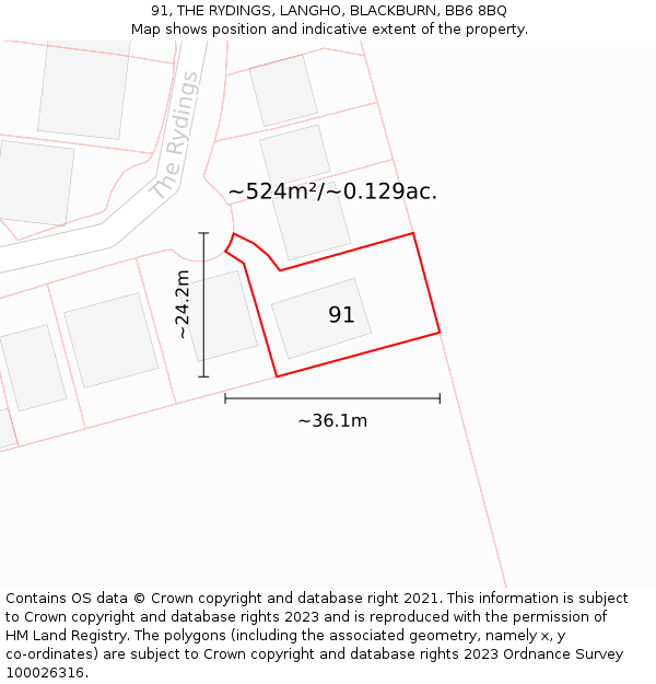 91, THE RYDINGS, LANGHO, BLACKBURN, BB6 8BQ: Plot and title map