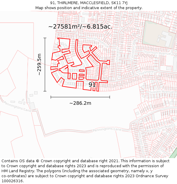 91, THIRLMERE, MACCLESFIELD, SK11 7YJ: Plot and title map