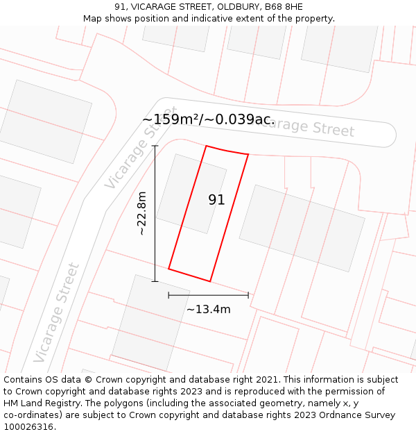 91, VICARAGE STREET, OLDBURY, B68 8HE: Plot and title map
