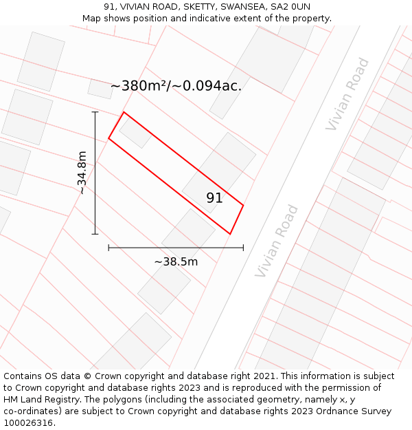 91, VIVIAN ROAD, SKETTY, SWANSEA, SA2 0UN: Plot and title map