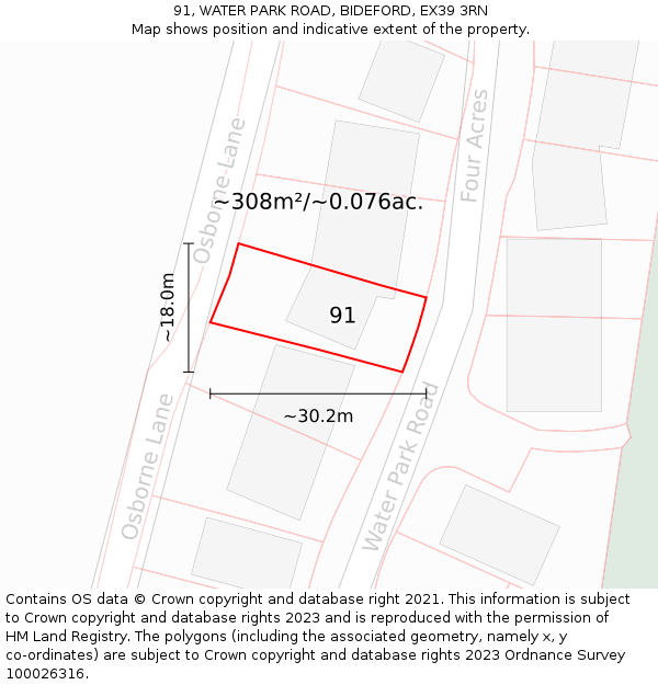 91, WATER PARK ROAD, BIDEFORD, EX39 3RN: Plot and title map