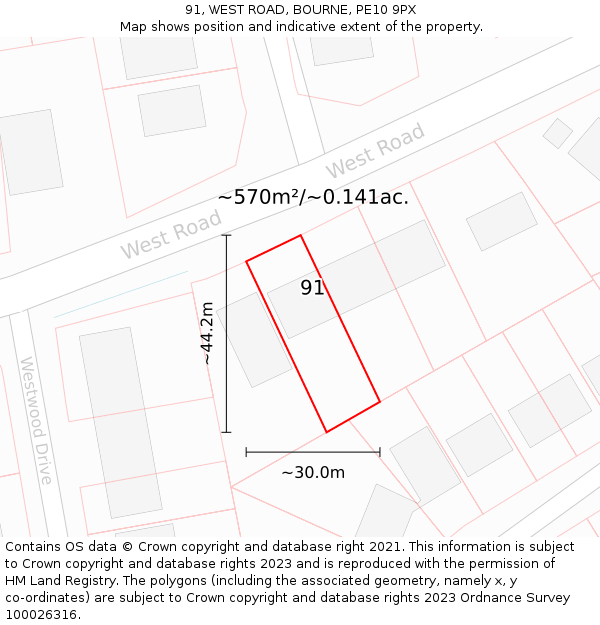 91, WEST ROAD, BOURNE, PE10 9PX: Plot and title map