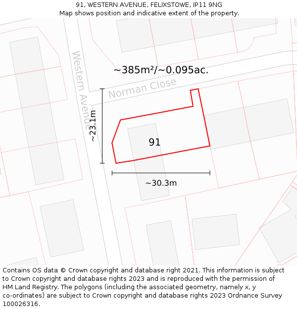 91, WESTERN AVENUE, FELIXSTOWE, IP11 9NG: Plot and title map