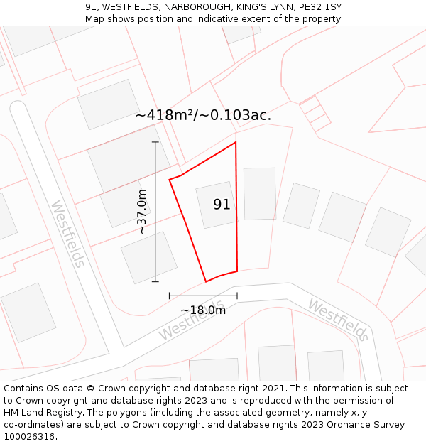 91, WESTFIELDS, NARBOROUGH, KING'S LYNN, PE32 1SY: Plot and title map